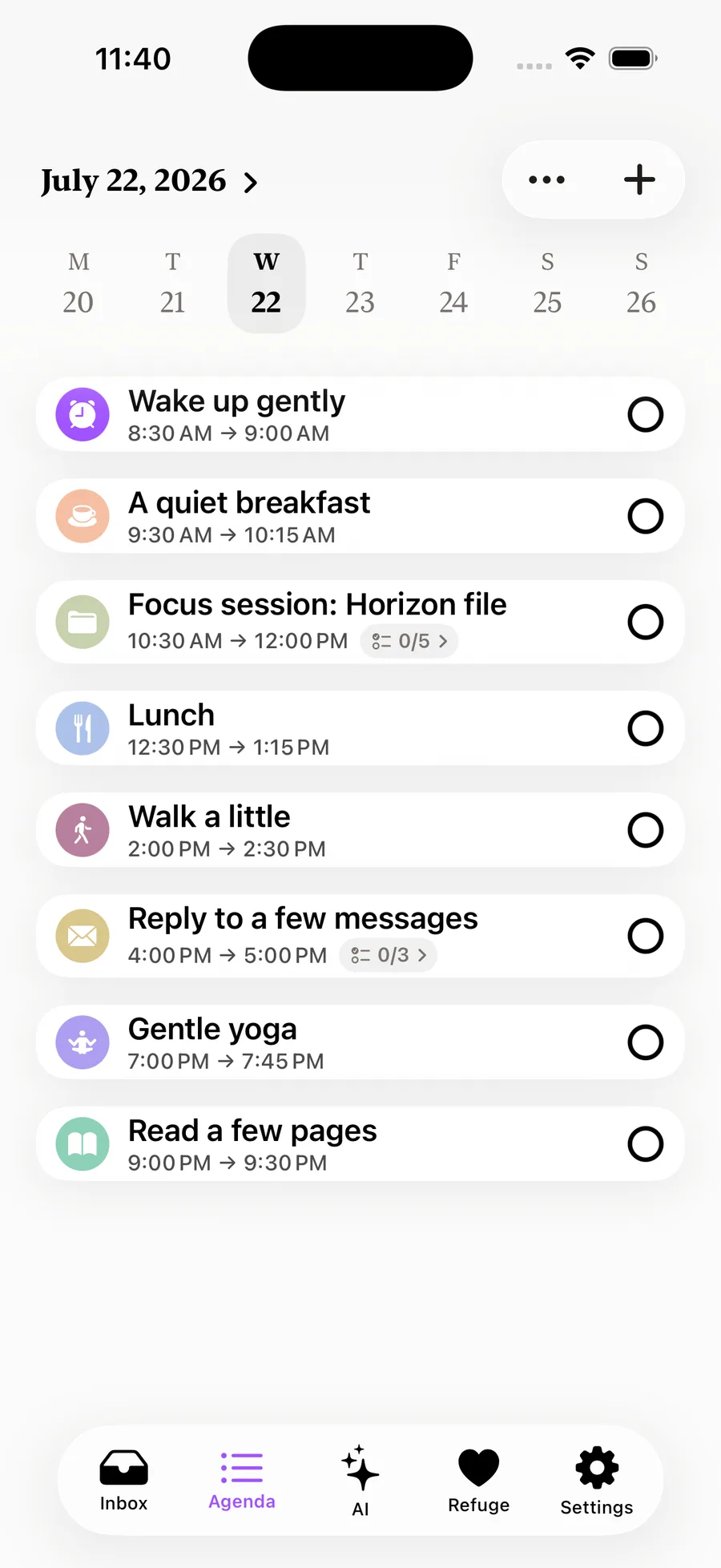 Today's agenda in Scalyx, on 22 July 2026: eight tasks as cards, from Wake up gently to Read a few pages, each with its own icon and a time.