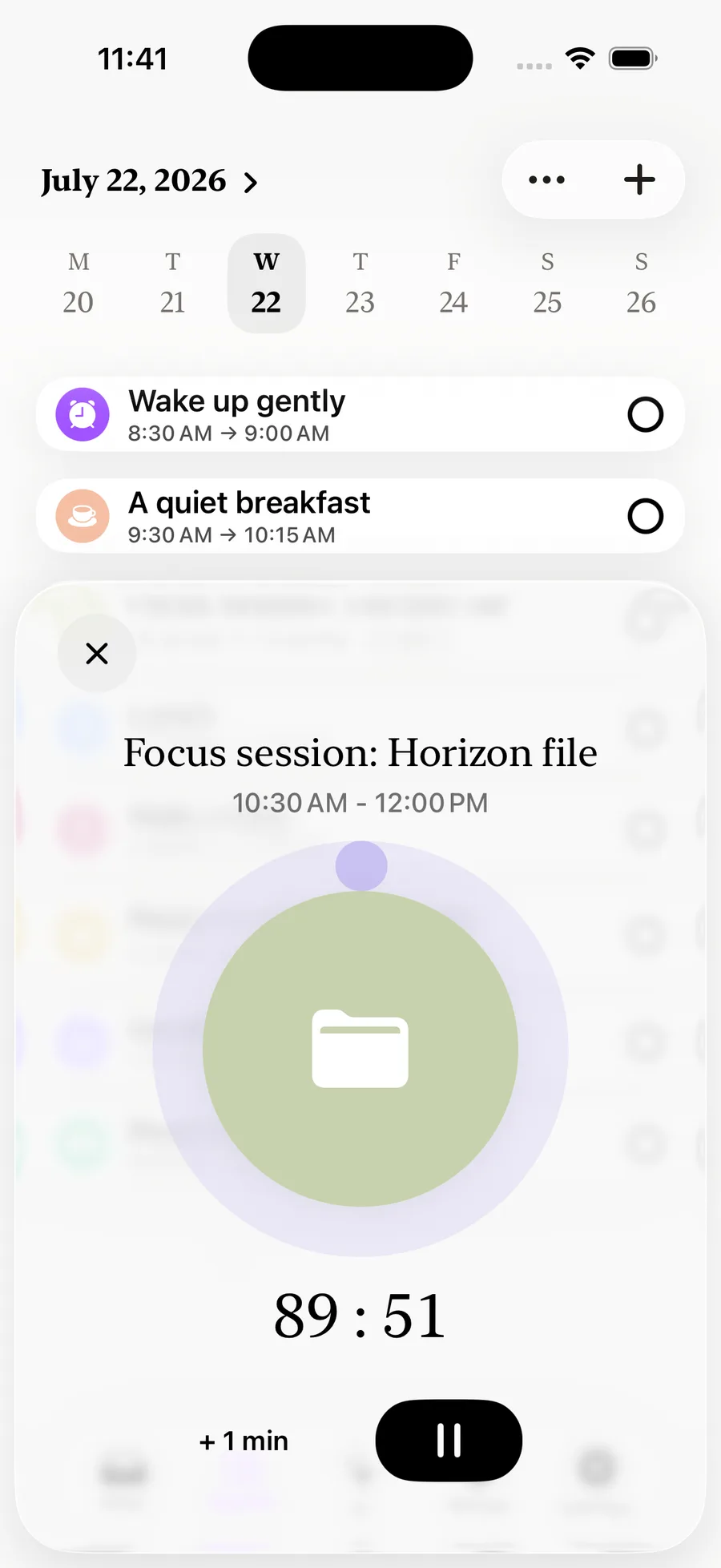 The focus timer open on the task &ldquo;Focus session: Horizon file&rdquo;: a large progress ring, the time left in serif figures, a pause button and a plus one minute button.